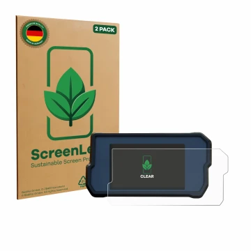 Parte frontal de un envase de producto con el logotipo de la marca ScreenLeaf. Al lado se muestra el dispositivo KTM RC125 / R