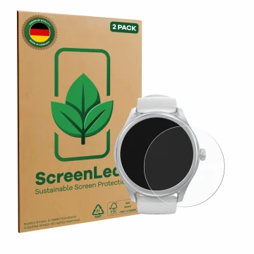 Parte frontal de un envase de producto con el logotipo de la marca ScreenLeaf. Al lado se muestra el dispositivo Hama Smartwat