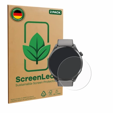 Parte frontal de un envase de producto con el logotipo de la marca ScreenLeaf. Al lado se muestra el dispositivo Hama Smartwat