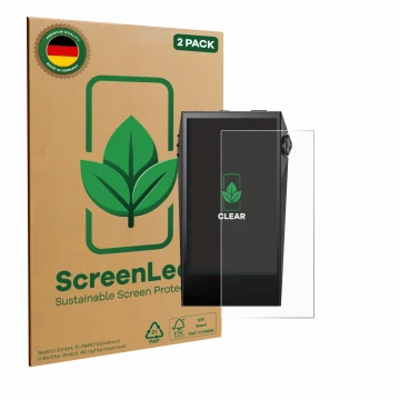 Parte frontal de un envase de producto con el logotipo de la marca ScreenLeaf. Al lado se muestra el dispositivo Astell&Kern S