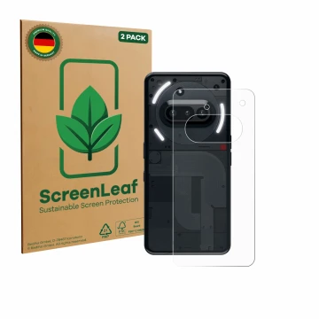 Parte frontal de un envase de producto con el logotipo de la marca ScreenLeaf. Al lado se muestra el dispositivo Nothing Phone