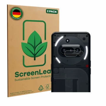 Parte frontal de un envase de producto con el logotipo de la marca ScreenLeaf. Al lado se muestra el dispositivo Nothing Phone