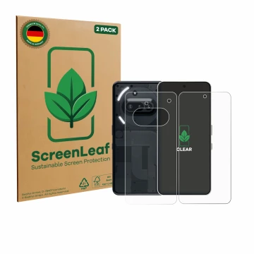 Parte frontal de un envase de producto con el logotipo de la marca ScreenLeaf. Al lado se muestra el dispositivo Nothing Phone