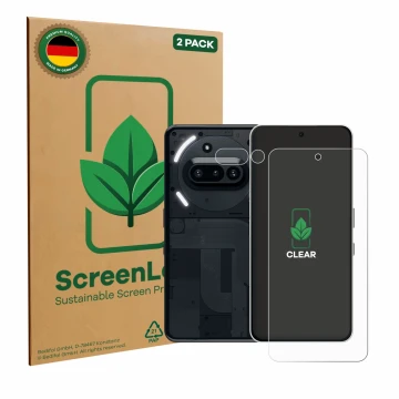 Parte frontal de un envase de producto con el logotipo de la marca ScreenLeaf. Al lado se muestra el dispositivo Nothing Phone