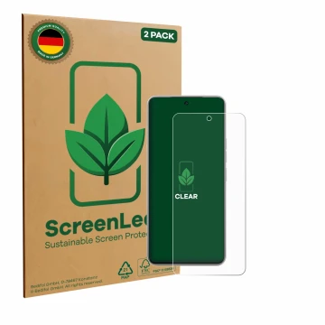 Parte frontal de un envase de producto con el logotipo de la marca ScreenLeaf. Al lado se muestra el dispositivo Tecno Camon 4