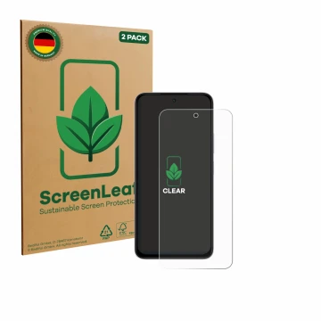 Parte frontal de un envase de producto con el logotipo de la marca ScreenLeaf. Al lado se muestra el dispositivo Xiaomi Poco M