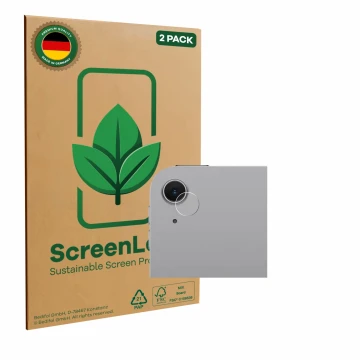 Parte frontal de un envase de producto con el logotipo de la marca ScreenLeaf. Al lado se muestra el dispositivo Apple iPad Ai