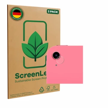 Parte frontal de un envase de producto con el logotipo de la marca ScreenLeaf. Al lado se muestra el dispositivo Apple iPad A1