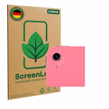 Parte frontal de un envase de producto con el logotipo de la marca ScreenLeaf. Al lado se muestra el dispositivo Apple iPad A1