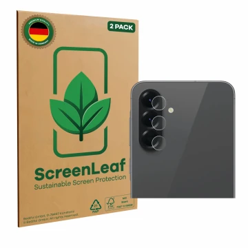 Parte frontal de un envase de producto con el logotipo de la marca ScreenLeaf. Al lado se muestra el dispositivo Samsung Galax