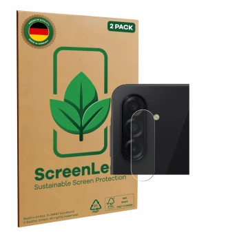 Parte frontal de un envase de producto con el logotipo de la marca ScreenLeaf. Al lado se muestra el dispositivo Samsung Galax