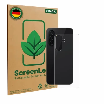 Parte frontal de un envase de producto con el logotipo de la marca ScreenLeaf. Al lado se muestra el dispositivo Samsung Galax