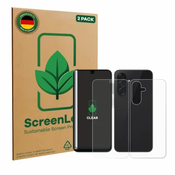 Parte frontal de un envase de producto con el logotipo de la marca ScreenLeaf. Al lado se muestra el dispositivo Samsung Galax