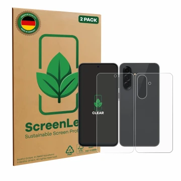 Parte frontal de un envase de producto con el logotipo de la marca ScreenLeaf. Al lado se muestra el dispositivo Samsung Galax