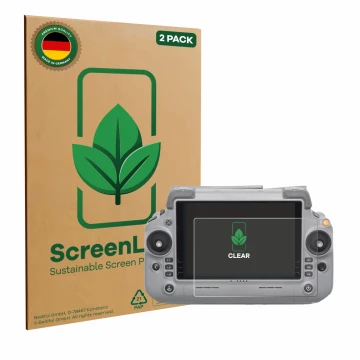Parte frontal de un envase de producto con el logotipo de la marca ScreenLeaf. Al lado se muestra el dispositivo DJI RC Plus 2