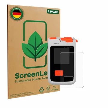 Parte frontal de un envase de producto con el logotipo de la marca ScreenLeaf. Al lado se muestra el dispositivo Mammut Barryv