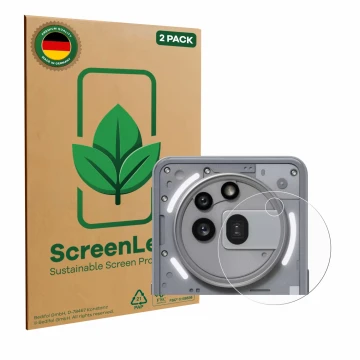 Parte frontal de un envase de producto con el logotipo de la marca ScreenLeaf. Al lado se muestra el dispositivo Nothing Phone