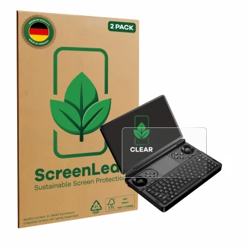 Parte frontal de un envase de producto con el logotipo de la marca ScreenLeaf. Al lado se muestra el dispositivo GPD Win Mini 