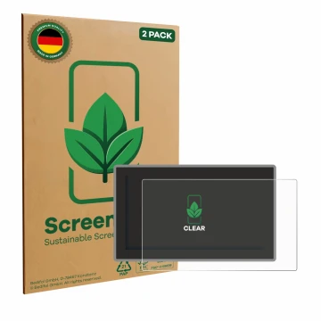 Parte frontal de un envase de producto con el logotipo de la marca ScreenLeaf. Al lado se muestra el dispositivo Ford Tourneo 