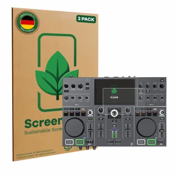 Parte frontal de un envase de producto con el logotipo de la marca ScreenLeaf. Al lado se muestra el dispositivo Denon DJ Prim