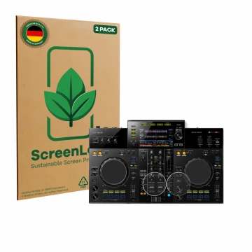 Parte frontal de un envase de producto con el logotipo de la marca ScreenLeaf. Al lado se muestra el dispositivo Pioneer XDJ -