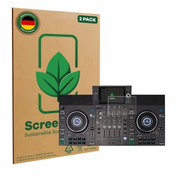 Parte frontal de un envase de producto con el logotipo de la marca ScreenLeaf. Al lado se muestra el dispositivo Denon DJ SC L