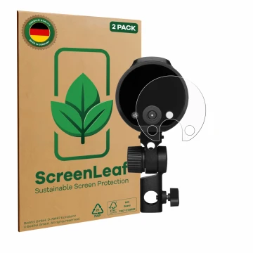 Parte frontal de un envase de producto con el logotipo de la marca ScreenLeaf. Al lado se muestra el dispositivo Profoto A2 co
