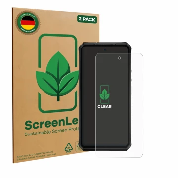 Parte frontal de un envase de producto con el logotipo de la marca ScreenLeaf. Al lado se muestra el dispositivo Ulefone Armor