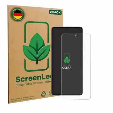 Parte frontal de un envase de producto con el logotipo de la marca ScreenLeaf. Al lado se muestra el dispositivo Xiaomi Poco F