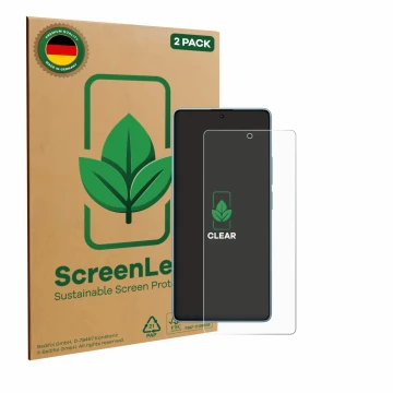 Parte frontal de un envase de producto con el logotipo de la marca ScreenLeaf. Al lado se muestra el dispositivo Xiaomi Redmi 