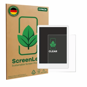 Parte frontal de un envase de producto con el logotipo de la marca ScreenLeaf. Al lado se muestra el dispositivo Meebook M8 7.
