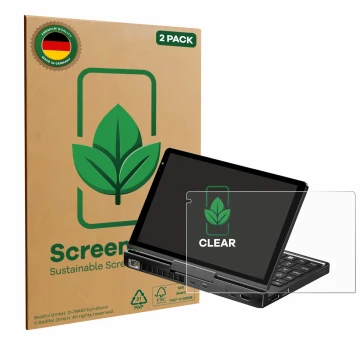 Parte frontal de un envase de producto con el logotipo de la marca ScreenLeaf. Al lado se muestra el dispositivo GPD Pocket 4 