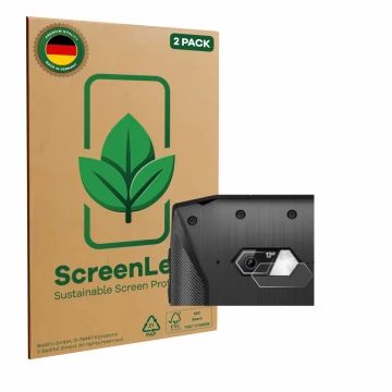 Parte frontal de un envase de producto con el logotipo de la marca ScreenLeaf. Al lado se muestra el dispositivo Crosscall Cor