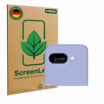 Parte frontal de un envase de producto con el logotipo de la marca ScreenLeaf. Al lado se muestra el dispositivo Google Pixel 