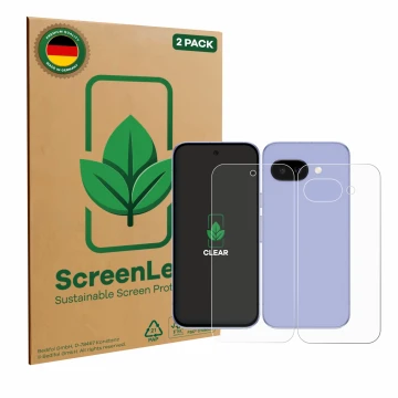 Parte frontal de un envase de producto con el logotipo de la marca ScreenLeaf. Al lado se muestra el dispositivo Google Pixel 