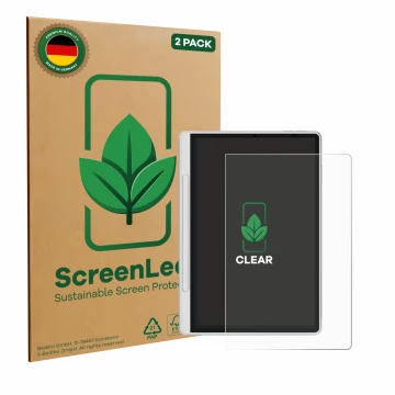 Parte frontal de un envase de producto con el logotipo de la marca ScreenLeaf. Al lado se muestra el dispositivo XP-Pen Magic 