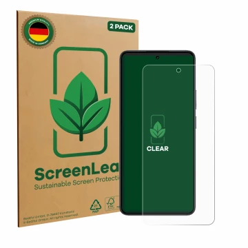 Parte frontal de un envase de producto con el logotipo de la marca ScreenLeaf. Al lado se muestra el dispositivo realme 14T co
