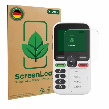 Parte frontal de un envase de producto con el logotipo de la marca ScreenLeaf. Al lado se muestra el dispositivo Doro Leva X10