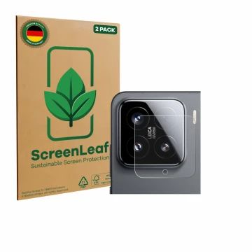 Parte frontal de un envase de producto con el logotipo de la marca ScreenLeaf. Al lado se muestra el dispositivo Xiaomi 15 (SÓ