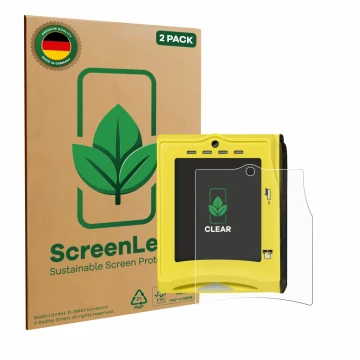 Parte frontal de un envase de producto con el logotipo de la marca ScreenLeaf. Al lado se muestra el dispositivo Nayax VPOS TO