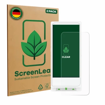 Parte frontal de un envase de producto con el logotipo de la marca ScreenLeaf. Al lado se muestra el dispositivo Clover Flex c