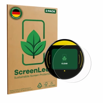 Parte frontal de un envase de producto con el logotipo de la marca ScreenLeaf. Al lado se muestra el dispositivo Nayax Onyx co