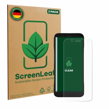 Parte frontal de un envase de producto con el logotipo de la marca ScreenLeaf. Al lado se muestra el dispositivo Datalogic Mem