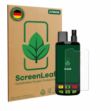Parte frontal de un envase de producto con el logotipo de la marca ScreenLeaf. Al lado se muestra el dispositivo Aduro Locit G