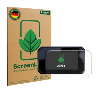 Parte frontal de un envase de producto con el logotipo de la marca ScreenLeaf. Al lado se muestra el dispositivo Honda CBR650R