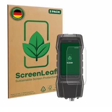 Parte frontal de un envase de producto con el logotipo de la marca ScreenLeaf. Al lado se muestra el dispositivo Testo 300 con