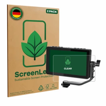 Parte frontal de un envase de producto con el logotipo de la marca ScreenLeaf. Al lado se muestra el dispositivo Feelworld F5 