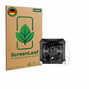 Parte frontal de un envase de producto con el logotipo de la marca ScreenLeaf. Al lado se muestra el dispositivo Ulefone Armor