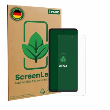 Parte frontal de un envase de producto con el logotipo de la marca ScreenLeaf. Al lado se muestra el dispositivo realme 14 con