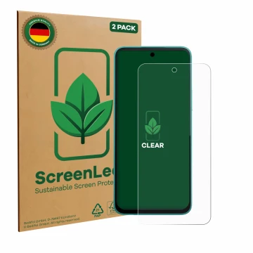 Parte frontal de un envase de producto con el logotipo de la marca ScreenLeaf. Al lado se muestra el dispositivo Infinix Note 